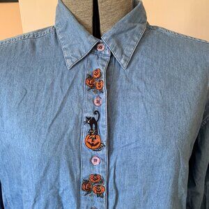 VTG Halloween Jean Button Up Shirt Sz L Embroidered Pumpkins Black Cat Spooky